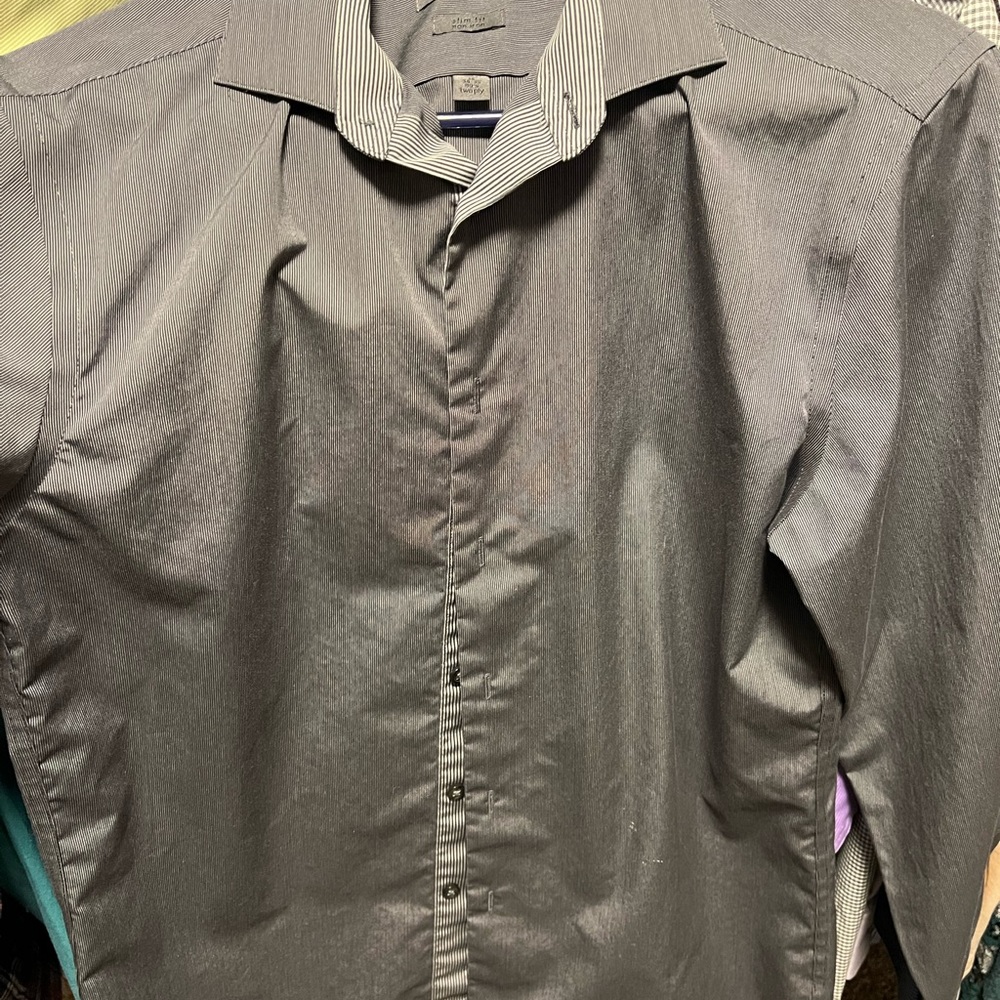 Calvin Klein dress shirt, black & small white pinstripe, size 15 34-35.